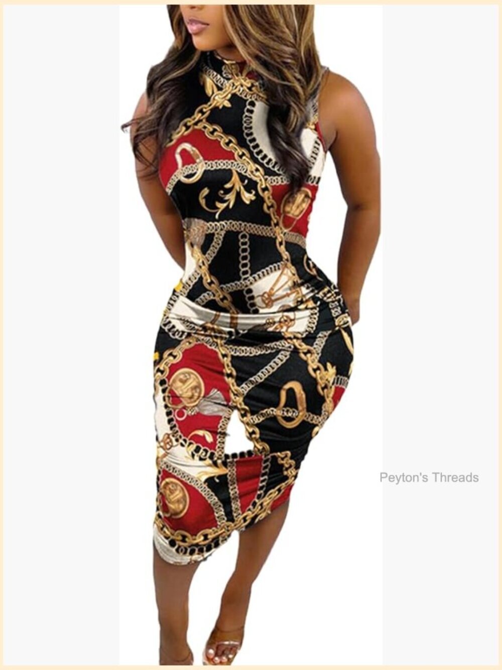 Vintage Print Bodycon Midi Dress Sleeveless Mock Neck Slim Fit Party Club Dress
